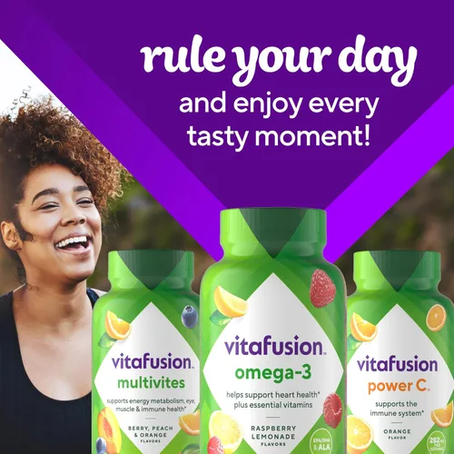 Vista 10 de Vitafusion Gomitas con vitaminas Omega-3, sabor a limonada de bayas, vitaminas para la salud del corazón(1) con Omega 3 EPA/DHA y vitaminas A, C, D