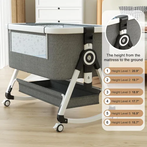 Vista 6 de Moisés para bebé 3 en 1, cuna junto a la cama con cesta de almacenamiento y ruedas, cuna portátil con mosquitero, 6 alturas ajustables y malla