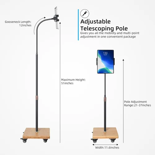 Vista 6 de wishacc Soporte de Piso para Tableta para Cama - Soporte de Tableta con Cuello de Cisne con Altura Ajustable y 4 Ruedas, Compatible con iPad mini