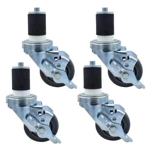 BK Resource s 3" goma gris 1-5/8" vástago expansible ruedas giratorias, juego de 4, NSF, freno de bloqueo superior, capacidad de 250 libras, No deja