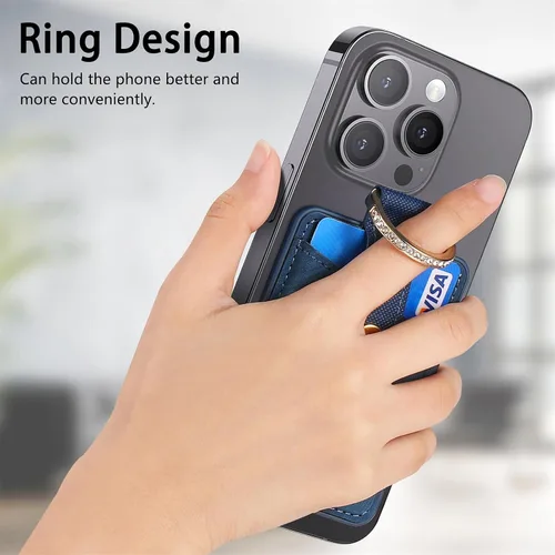 Vista 4 de Cartera MagSafe con soporte de anillo, soporte para 3 tarjetas, cartera magnética para iPhone serie 16/15/14/13/12, bolso magnético de cuero delgado