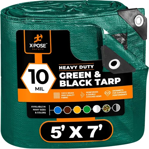 Lona de Polietileno de Servicio Pesado - 5' X 7' - 10 Mil de Grosor Impermeable, Cubierta Protectora Bloqueadora de UV - Reversible Verde y Negro -