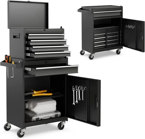 IRONMAX Caja de herramientas con ruedas, armario de herramientas con cerradura de 5 cajones con estante ajustable y 4 ruedas universales, caja de