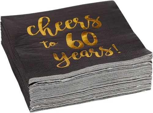 Vista 6 de BLUE PANDA Servilletas de cóctel con texto en inglés «Cheers to 60 Years» – Servilletas de fiesta de 60 cumpleaños – Decoración de 60 aniversario