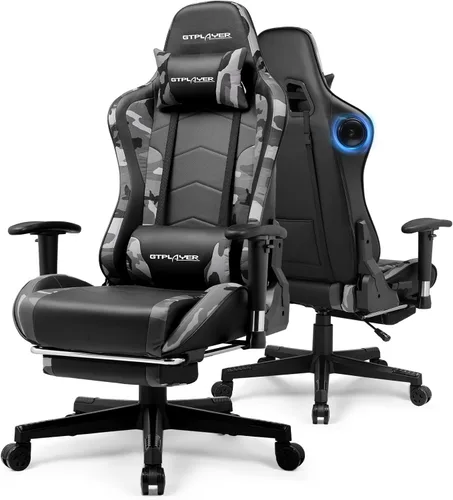 Vista 10 de GTPLAYER Silla de juegos con altavoces Bluetooth, respaldo y altura ajustables, reposabrazos 3D, reposapiés, silla ergonómica para computadora