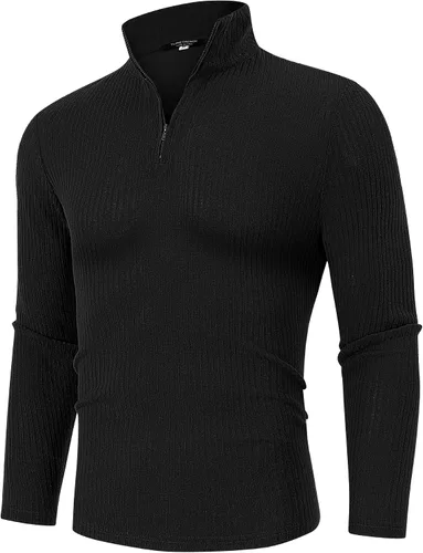 TURETRENDY Suéter tipo polo con cremallera de un cuarto para hombre, estilo casual, elástico, ligero, con cuello alto falso, prendas de punto