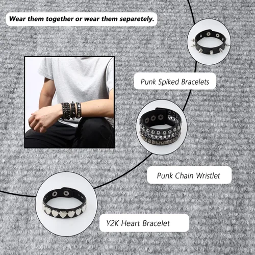 Vista 2 de Eigso 3 pulseras punk de cuero para hombres y mujeres de Rock Rivet Wrap Retro Spike pulsera ajustable