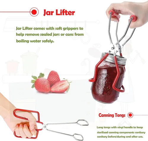 Vista 3 de Kit de suministros para conservas – 9 piezas de acero inoxidable 430: estante, embudo, elevador de tarros, llave de tarro, levantador de tapa