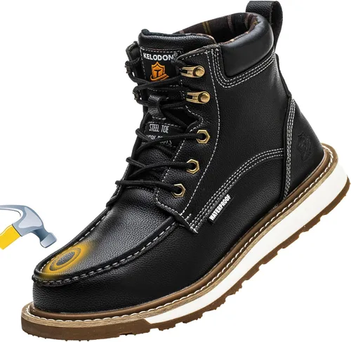 KELODON Botas de trabajo impermeables con punta de acero para hombre, botas de trabajo de cuero de 6 pulgadas para hombre, zapatos de punta de acero