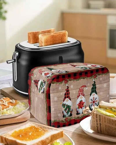 Vista 5 de Cubierta para tostadora de gnomos de Navidad, 2 rebanadas, cubiertas pequeñas para electrodomésticos de cocina, a cuadros rojos, vintage, copos