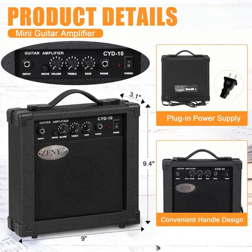 Vista 7 de JupiterForce - Kits de guitarra eléctrica de tamaño completo de 39 pulgadas con correa ajustable, amplificador de 10W, funda y cuerdas para Negro