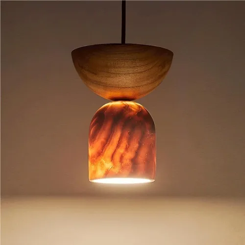 Vista 2 de Dining Room Pendant Lights Fixtures Modern Cylinder Yellow Travertine Chandeliers Japanese Style Vintage Solid Wood Hanging Lamp for Kitchen Island