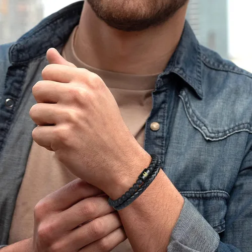 Vista 3 de Layered Leather Beads Initial Bracelets for Men, Braided Leather Natural Stone Bracelets for Men with Magnetic Clasp Mens Leather Beaded Bracelets