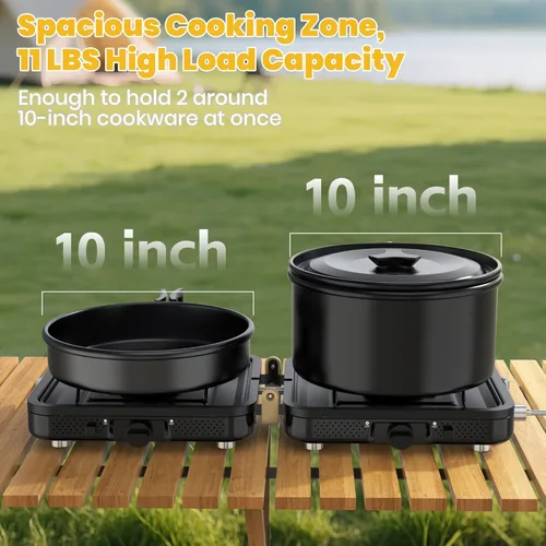 Vista 4 de Estufa de campamento de propano plegable de 2 quemadores con bolsa de transporte, quemadores de calor altos ajustables y botón piezoeléctrico