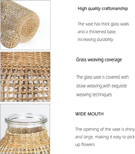 Vista 4 de WHJY Jarrón de cristal bohemio, jarrón de ratán, decoración de ratán de granja, florero redondo para arreglos florales, 8 pulgadas