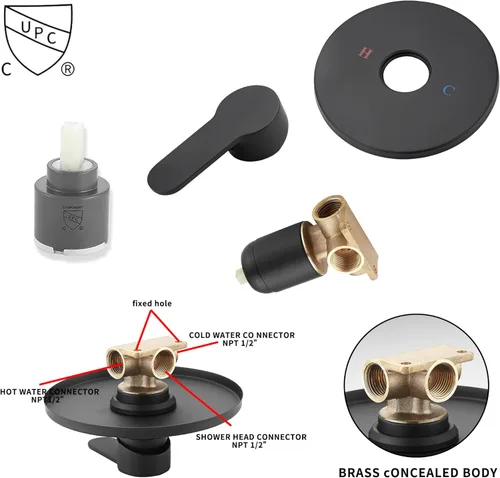 Vista 5 de GGStudy - Cabezal de regadera de color negro mate con una sola función, kit de ajuste de regadera con válvula de paso, sistema completo de llave