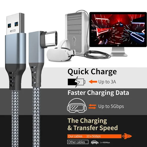 Vista 6 de 16 FT Link Cable forMeta Quest 21 and PCSteam VR, Braided USB 3.2 A to C Compatible for Quest 2 Link Cable, High Speed PC Data Transfer, Fast