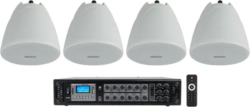 Rockville (1) RCS180-6 180 vatios 6 zona 70v comercialrestaurante amplificadorpaquete Bluetooth con (4) PEN-40T blanco 4 "70V colgante colgante