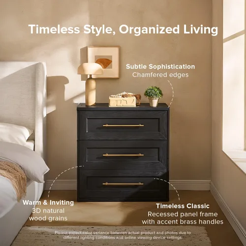 Vista 3 de mopio Blake - Cómoda de 3 cajones para dormitorio, cómoda, organizador de tocador de madera, casa de campo moderna, mesita de noche alta, seguridad