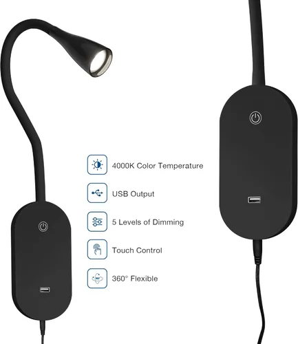 Vista 4 de Luz de lectura de pared luz de libro para leer en la cama control táctil salida USB lámpara de lectura moderna 5 luces LED regulables con cuello