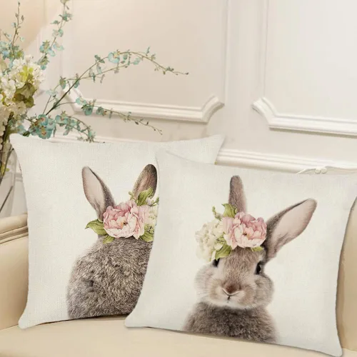 Juego de 2 fundas de almohada de conejo de Pascua de 18 x 18 pulgadas, de lino, lindos conejos, decoración floral de conejito de Pascua, funda de