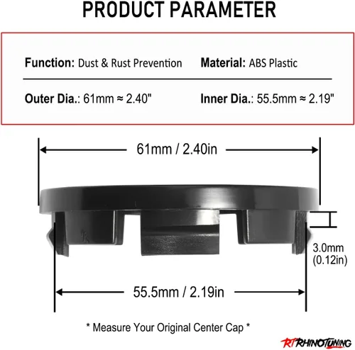 Vista 2 de RTRHINOTUNING Tapones centrales de 2.402 in, paquete de 4 OD: 2.4"(61 mm) ID: 2.18"(56 mm) Tapones centrales de rueda compatibles