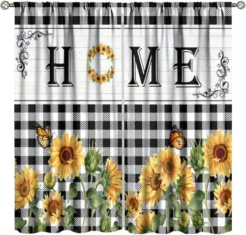 Vista 13 de Cortinas de ventana de girasol, estampado floral amarillo de primavera y verano, decoración de dormitorio de niñas, cortinas de ventana con bolsillo