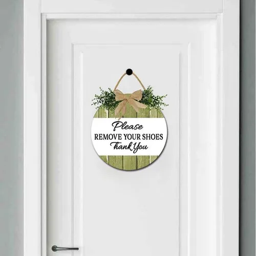 Vista 2 de Letrero de bienvenida con texto en inglés «Please Remove Your Shoes» para puerta delantera, porche, casa de campo, madera rústica, decoración