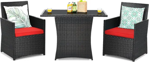 Vista 14 de Tangkula Juego de comedor de mimbre de 3 piezas, 2 sillas de ratán con mesa de comedor rectangular de vidrio templado, juego de conversación al aire