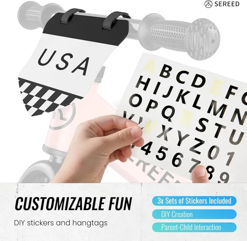 Vista 4 de SEREED Bicicleta de equilibrio para niños de 2 a 5 años, sin pedales, ajuste sin herramientas, placa personalizable con calcomanías, regalo para Rosa