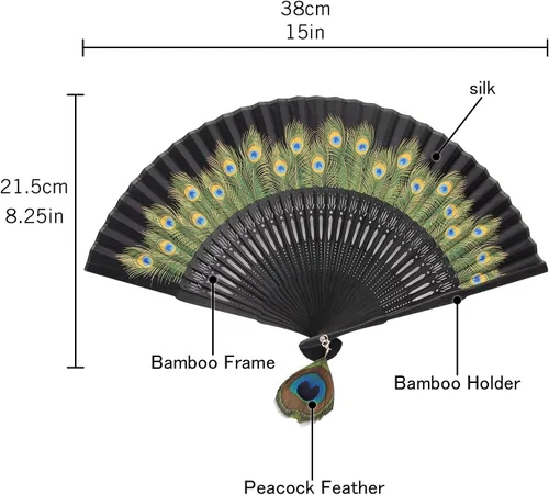 Vista 2 de Innolife Pavo real chino/japonés mano plegable ventilador bambú tallado marco seda artesanía ventilador (negro)