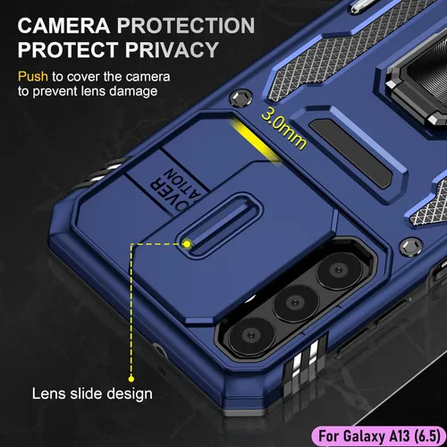 Vista 4 de Funda resistente para Samsung Galaxy A13 (5G), protector híbrido de goma de doble capa de grado militar con protector de cámara deslizante, soporte