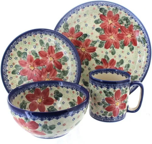 Vista 3 de Alyssa - Juego de 4 piezas de cerámica polaca Blue Rose - Servicio para 1
