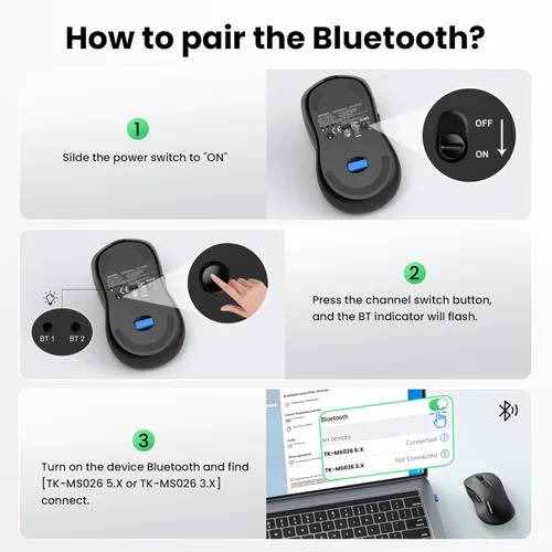 Vista 7 de TECKNET Ratón recargable Bluetooth, [ USB + BT5.0 + BT3.0 ] Ratón inalámbrico, tamaño completo, clic silencioso, ratón inalámbrico de 6 niveles 4800