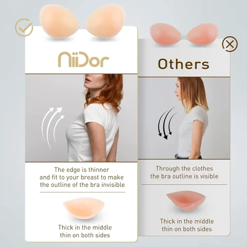 Vista 4 de Nildor - Brasier adhesivo con efecto de realce de silicona sin tirantes para vestido sin espalda, con 2 cubiertas para pezones, color piel