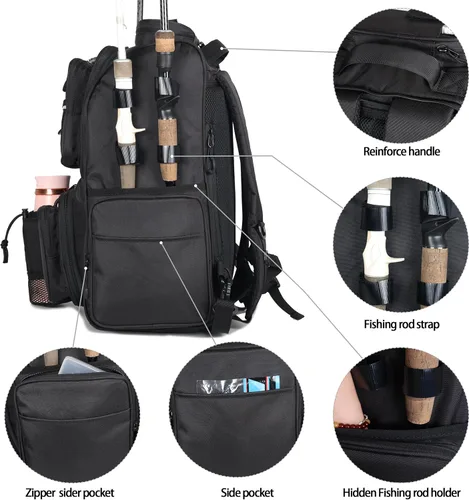 Vista 4 de Fishing Tackle Backpack With Rod Holders, Large 40L Fishing Backpack for Camping, Hiking