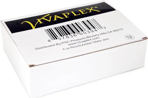 Vista 2 de Vivaplex, 12, ámbar, redondo, de 4 oz, tarros de vidrio, con forros interiores y tapas negras.