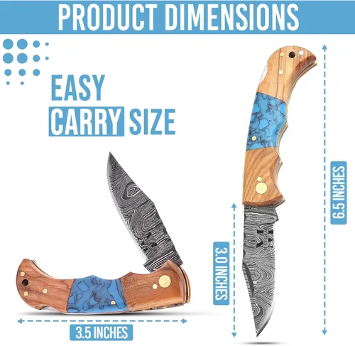 Vista 3 de Navaja de bolsillo de damasco personalizada con funda - Navaja de bolsillo grabada con láser, regalo para hombres, navaja personalizada