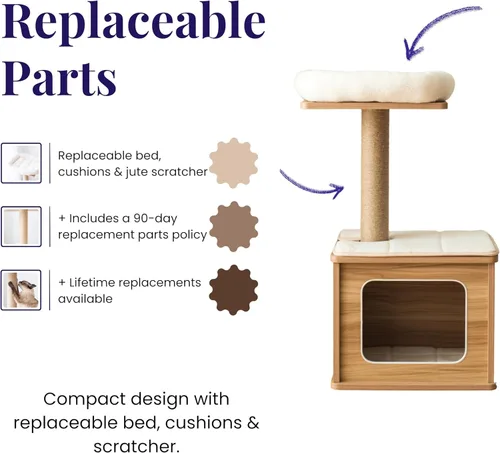 Vista 3 de Catry Árbol para gatos de 29.7" de alto con 3 niveles de madera laminada con base grande, 2 escalones acolchados, poste de rascado de yute natural