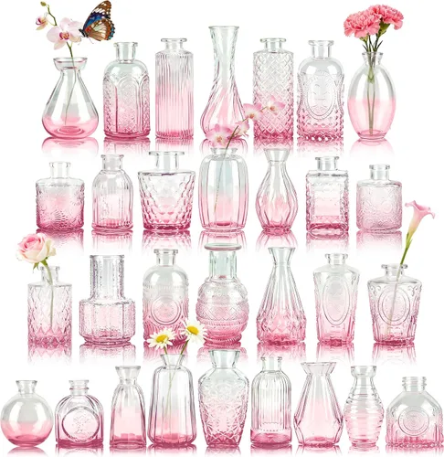 Vista 18 de Der Rose Juego de 12 jarrones de vidrio ámbar, pequeños jarrones para flores, centros de mesa rústicos de boda y decoración del hogar