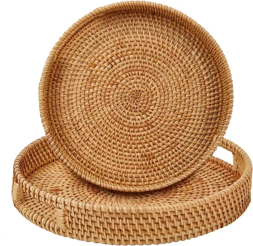 Vista 7 de Bandeja redonda de ratán con asas, cesta tejida a mano, bandeja organizadora de decoración del hogar para desayuno, té, aperitivos, frutas, café