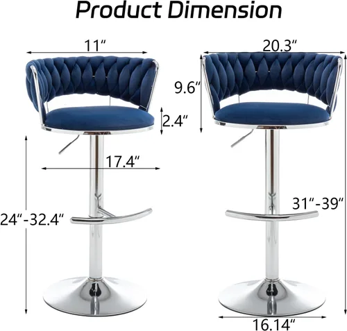 Vista 70 de Juego de 4 taburetes de bar de terciopelo dorado, taburetes de bar con respaldo bajo, taburete de bar giratorio para isla de cocina, pub (verde)
