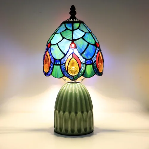 Vista 7 de Tiffany Lamp Stained Glass Mushroom Table Lamps 6X6X12.5 Inch Sea Blue Peacock Tail Style Small Night Light Ceramic Base Mini Accent Desk Light