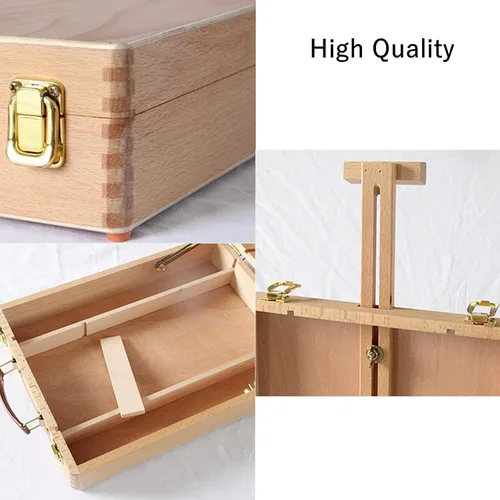Vista 7 de DEAYOU Caja de almacenamiento de caballete de mesa de madera, caja de bocetos portátil de madera de haya para pintar, funda de caballete de madera