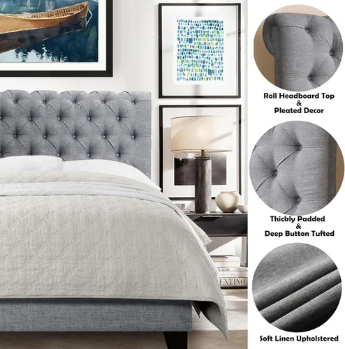 Vista 32 de Rosevera Gideon - Marco de cama tapizado de tela con cabecera ajustable, estilo Chesterfield, soporte de listones de madera, fácil montaje