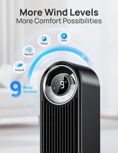 Vista 4 de Dreo - Ventiladores inteligentes de torre para el hogar, ventilador oscilante de 90° para dormitorio, control de voz, temporizador de 12H