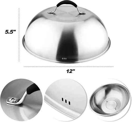 Vista 2 de Skyflame Cúpula de fusión de queso de 12 pulgadas y prensa de hamburguesas de 8 pulgadas, juego de 2 accesorios de plancha para parrilla/barbacoa