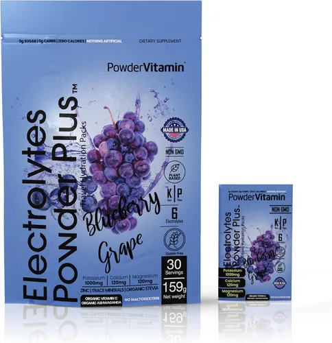 PowderVitamin Electrolitos en polvo Plus, Keto, uva de arándano, cero azúcar, 1000 mg de potasio, 120 mg de calcio, 120 mg de magnesio, sin OMG,