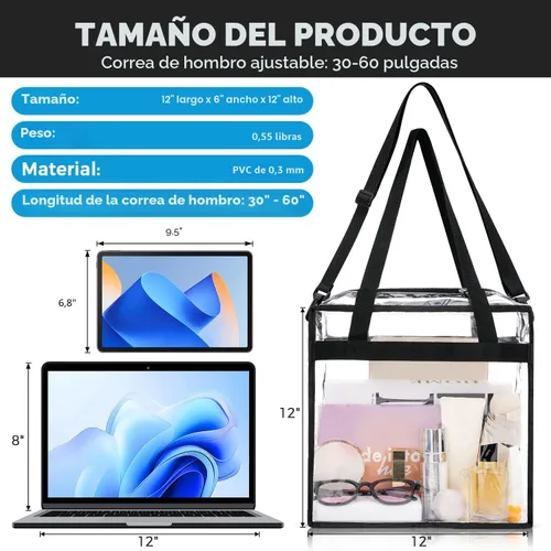 Vista 3 de BAGAIL - Bolsas transparentes 12x6x12 aprobadas para estadios con cierre de cremallera, bolsa de hombro bandolera con correa ajustable