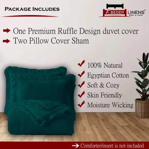 Vista 4 de eBeddy Linens Juego de funda de edredón de lujo con borde verde azulado con volantes, tamaño Super King, 108 x 98 pulgadas, algodón egipcio, funda